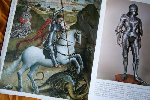 Rover Van der Weyden, Saint George and the Dragon, c 1432 (Flemish), found in a book called Arms & Armor of the Medieval Knight