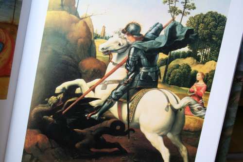 Raphael's St. George and the Dragon c 1506, oil on panel, National Gallery of Art, Washington. This was in our book, The Great Masters, by Giorgio Vasari.