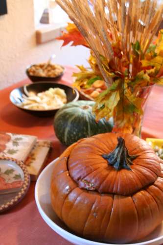 Feast: Beef and vegetable stew in a pumpkin, chickpea and endive appetizer; salad with apples, cherries, pecans, and goat cheese!